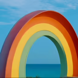 a view of an art piece with an ocean and sky in the background