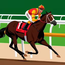 a jockey is riding on the back of a brown horse,horse running down the track in an artistic fashion