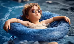 a close up of a child swimming with a towel on it