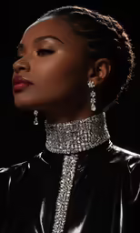 a beautiful black woman wearing an elegant set of jewelry