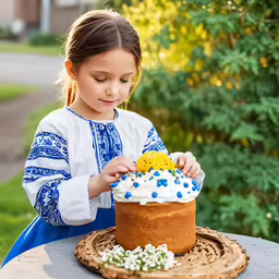 young girl decorating decorated cake with frosting and blue dots