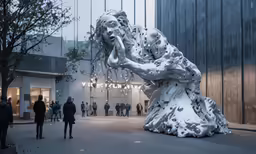 a sculpture is being displayed in front of a glass building
