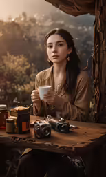 a girl sitting at a table with a cup and honey boxes