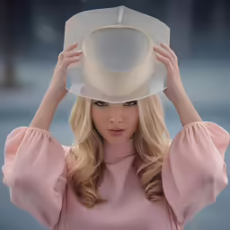 a woman is posing with her hat over her head