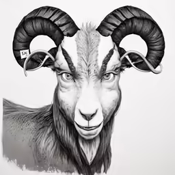 the head of a goat with long horns