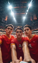three athletes are sitting in a big arena