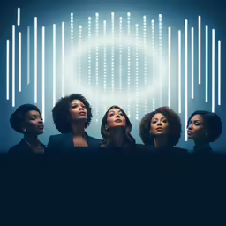 three woman standing next to each other in front of a blue background