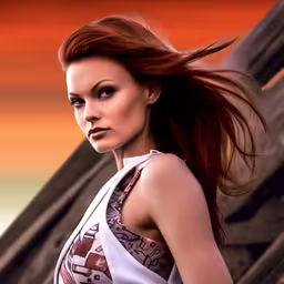 a woman with very beautiful red hair posing,the woman is standing next to some large steps