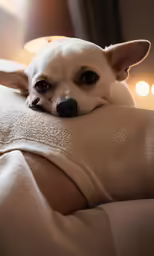 a dog that is laying down on a sofa