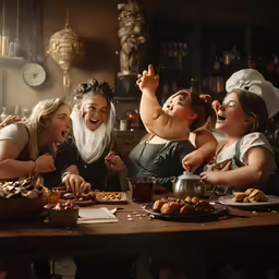 people gathered around a table holding out their hands