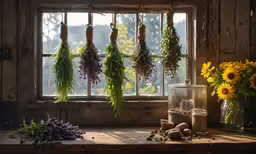 this is the window view from a rustic country kitchen