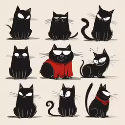 several black cats with red collars sitting and standing