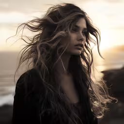 a woman standing on top of a beach next to the ocean,a woman standing in the wind on a beach