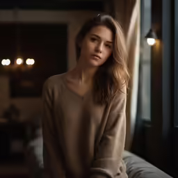 a beautiful woman sitting on top of a couch