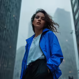 a woman wearing a blue jacket and black pants
