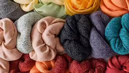 the seven different colored scarves on display