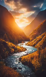 a very nice looking river with the sun setting over the mountains