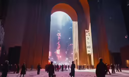 the people are standing around outside during the evening