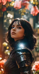 a young woman in a black leather outfit with flowers in the background
