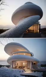 the exterior and front of a modern house on snow