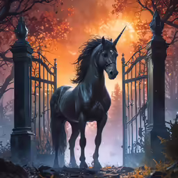 a large unicorn is standing next to a gate