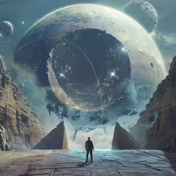 a man standing on top of a dirt covered ground,a man standing on a cobblestone street looking at an enormous planetscape