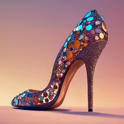 the high heel shoe has many small blue and orange stones on it