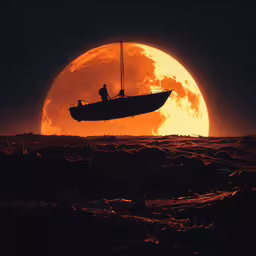 a man and woman riding on top of a boat near a massive orange ball of sun,two people in a boat on the water at night