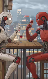 two humanoids sit at a table with glasses of wine