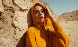 a young woman with a yellow headscarf against a rock