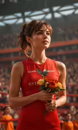 a woman in a red dress standing at the stadium holding a bouquet