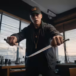 a man wearing a hat and holding a knife