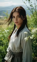 a young woman standing in a field with grass and flowers