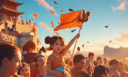 a girl holds the orange flag in the midst of an outside crowd