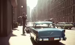 a man on the phone standing in an alley with his car