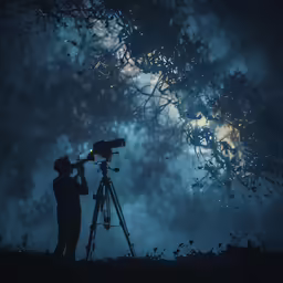 a silhouette of a photographer on a tripod at night