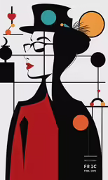 a woman is looking at a black and orange artwork