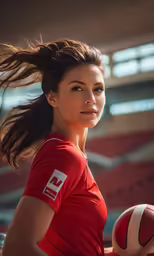 a beautiful woman holding a basketball in a gym
