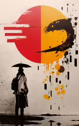 man with umbrella against art piece on wall