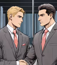 two men in suits are shaking hands while looking out a window,two men dressed in suits standing next to each other