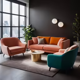 a room with three chairs, two couches and a coffee table