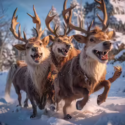 a herd of reindeer running through snow covered forest