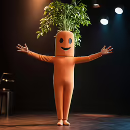 the carrot character is carrying a plant as he stands with both arms