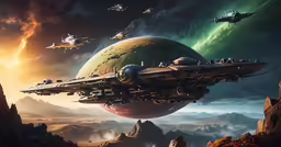 an animated sci - fi scene features two ships on the surface of an ocean with a glowing city on it