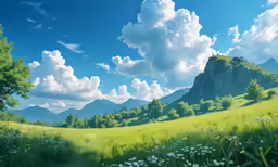 some mountains and grass with clouds and trees