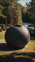 a large stone vase in a park like setting