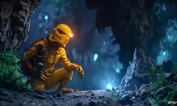 an action man in a yellow space suit with two backpacks