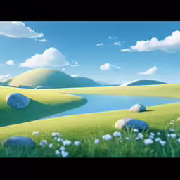 a scenic landscape with white flowers and blue skies