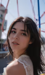 a beautiful young woman standing in front of an amusement park