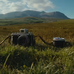camera is sitting on the ground in a grass field